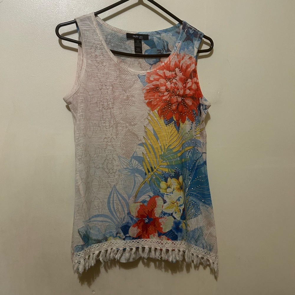 Style & Co. Floral Fringe Cream Tank Top Rhinestone Blue, Red &Yellow Size SP